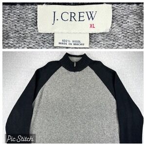 Vintage J. Crew Sweater Mens XL Gray Black 100% Wool Quarter Zip Raglan Pullover